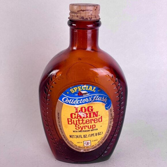 Vintage Log Cabin Buttered Syrup Ben Franklin Collector's Flask Glass Bottle - Picture 1 of 6